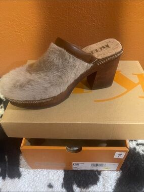 Kork-Ease Taupe Faux Fur Slip-On Clog with Wood-Effect Heel